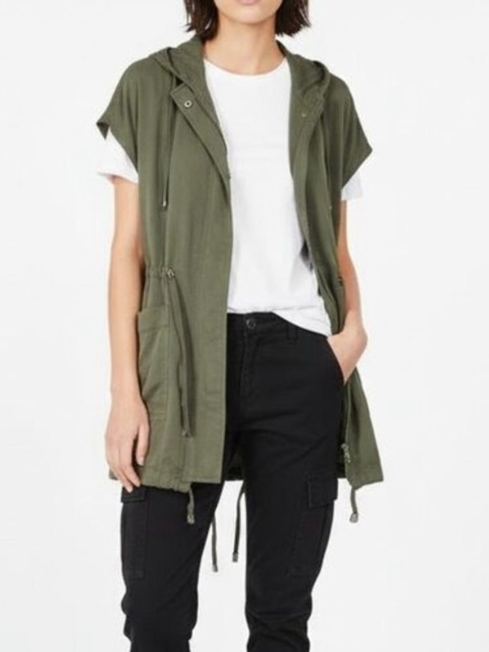 Staccato Women’s Olive Green Utility Sleeveless Cargo Vest Jacket with Hood
